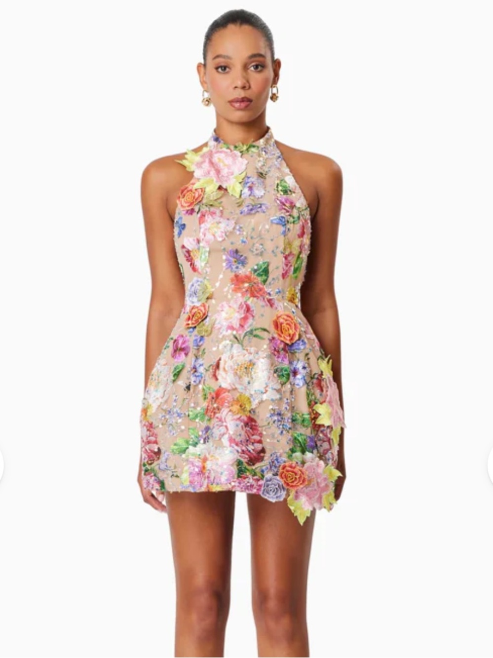 Elliatt Brown Halter Mini Dress with Multicolor Floral Embroidery - Picture 2 of 6
